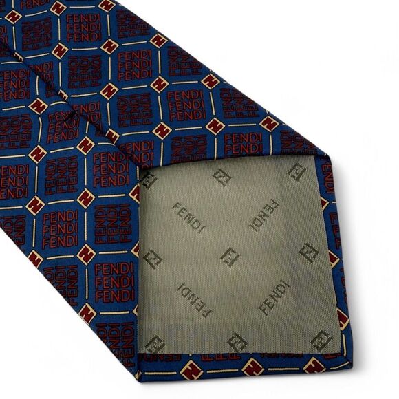 Vintage Fendi Men's 100% Italian Silk Allover Monogram Logo Neck Tie Blue/Red - Picture 5 of 9
